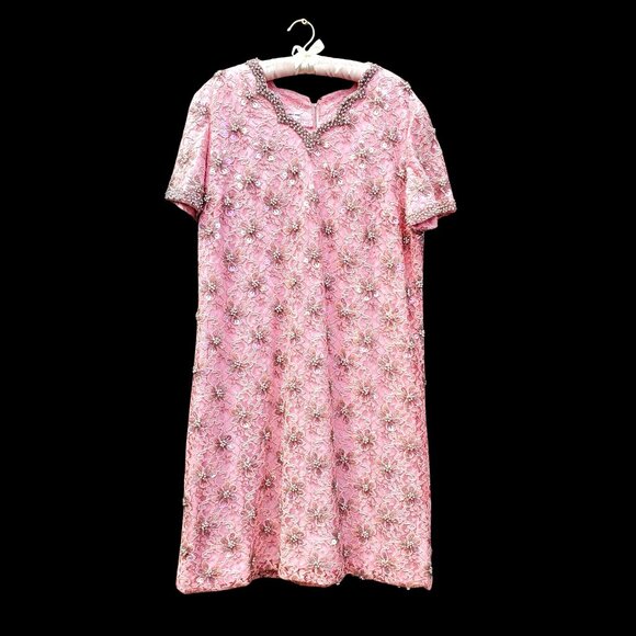 Vintage 1960s Plus Size 2X Short Formal Beaded Pink Lace Dress NWOT Hong Kong - Picture 7 of 13